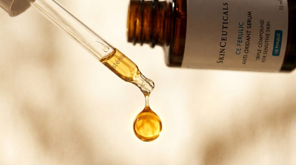 Golden vitamin C serum drop suspended from glass pipette in warm morning light showing fresh potent formulation