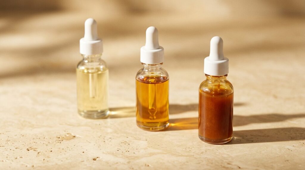 Three vitamin C serum bottles showing oxidation colour progression from clear to amber to orange on warm stone