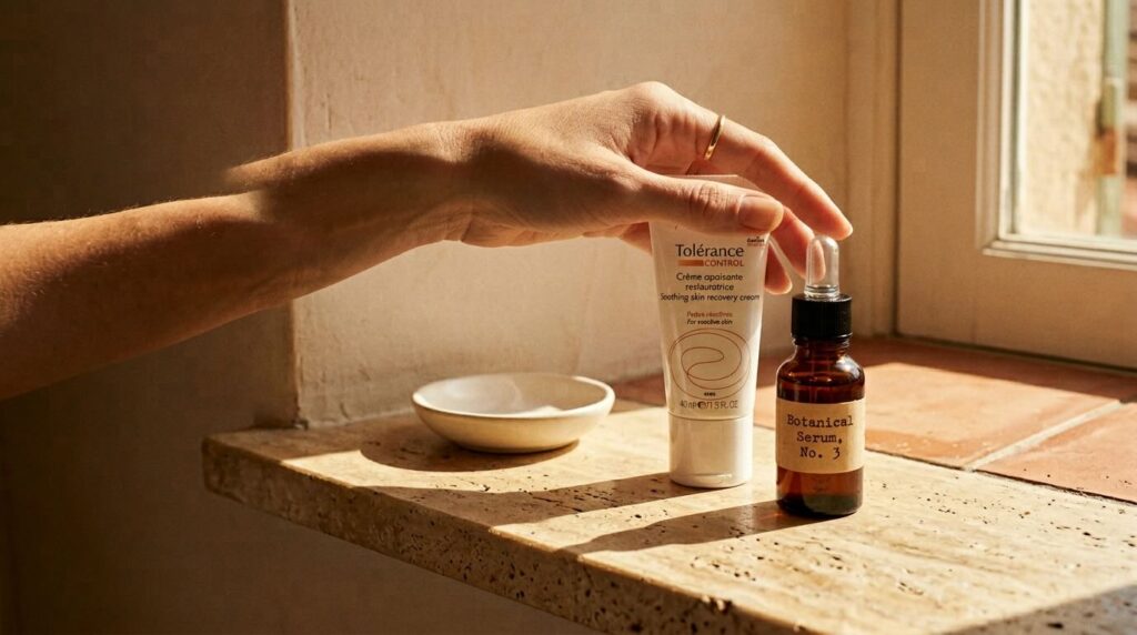 Hand reaching for vitamin C serum beside SPF on sunlit bathroom shelf showing essential morning skincare stack