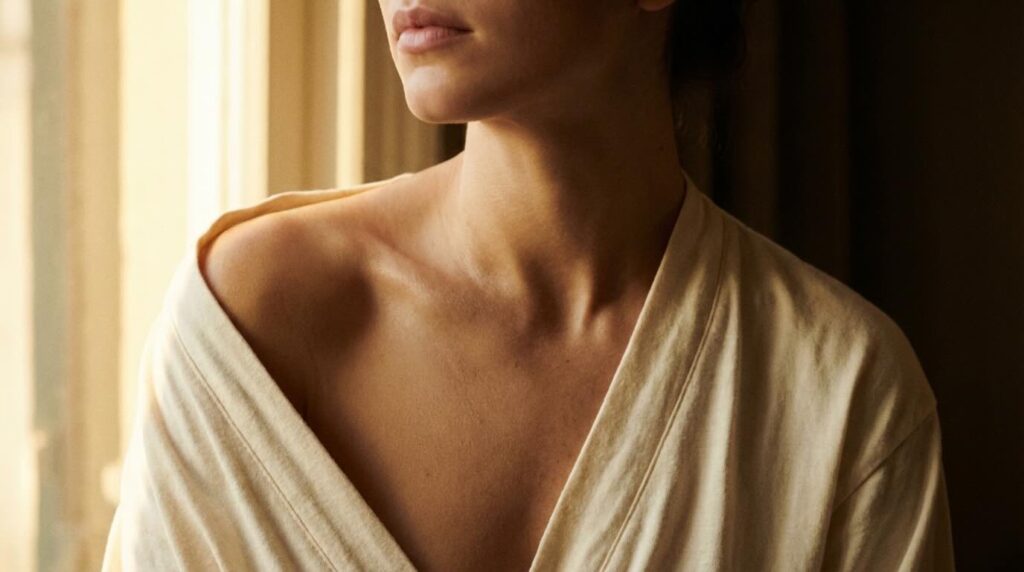 Calm healed skin on neck and collarbones after barrier repair in warm morning light