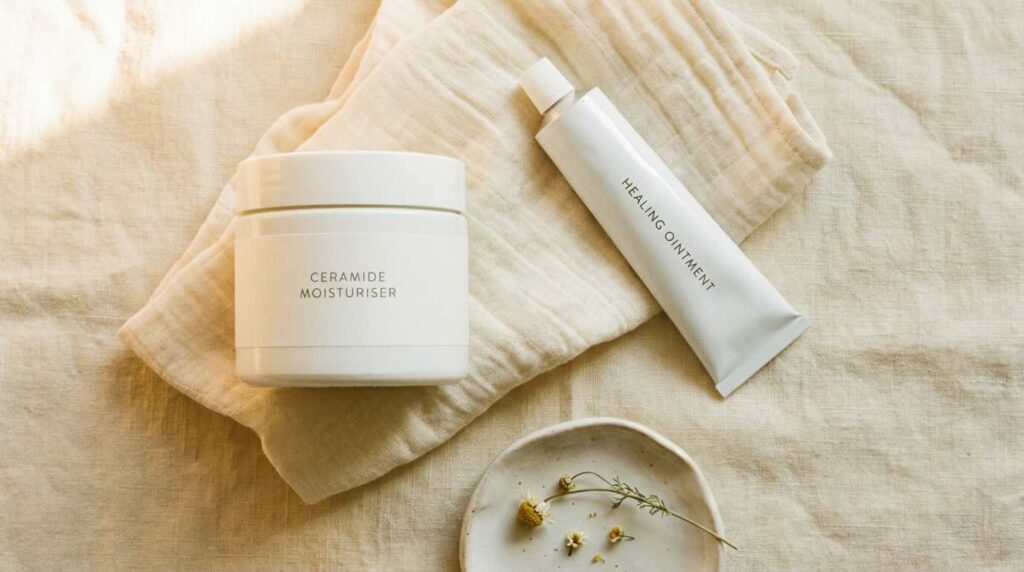 Two barrier repair products on warm linen showing minimal 4-week protocol