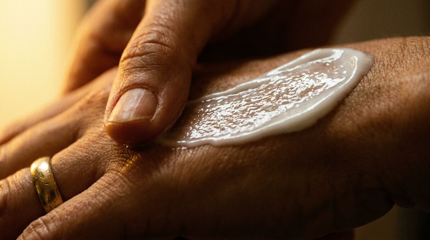 best ceramide moisturiser cream being spread on hand showing rich texture in warm light