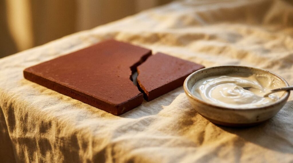Broken terracotta tile beside thick cream on warm linen showing barrier repair metaphor