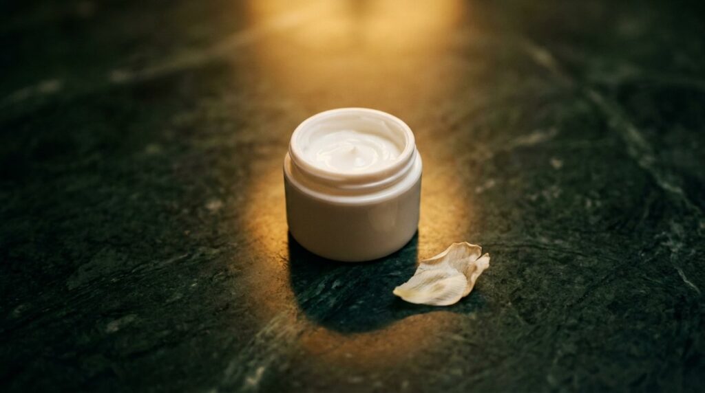 Single ceramide moisturiser jar on dark green marble in warm golden light