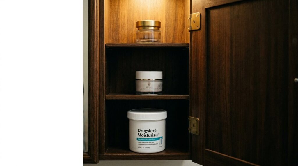 Three ceramide moisturisers on different shelves of walnut medicine cabinet budget to luxury