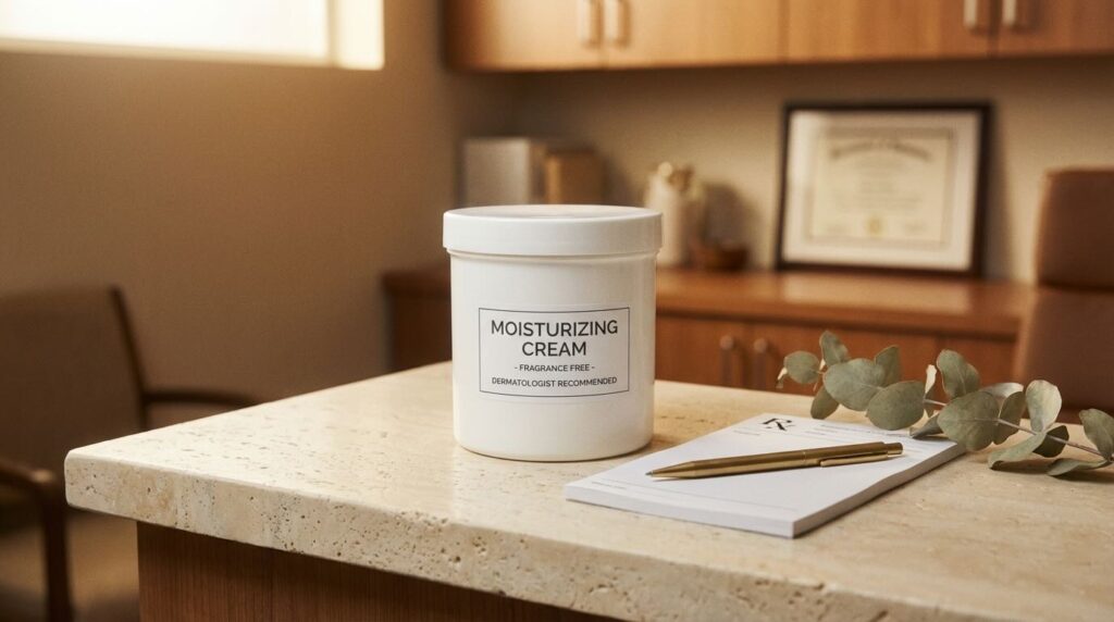 CeraVe moisturiser with prescription notepad and brass pen showing dermatologist clinical preference on warm stone