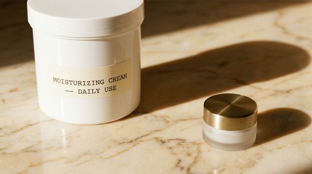 Large unmarked white moisturizer tub beside a small unmarked frosted glass jar with brass lid on Carrara marble in warm afternoon light, the honest fifteen versus four hundred dollar cerave vs la mer comparison