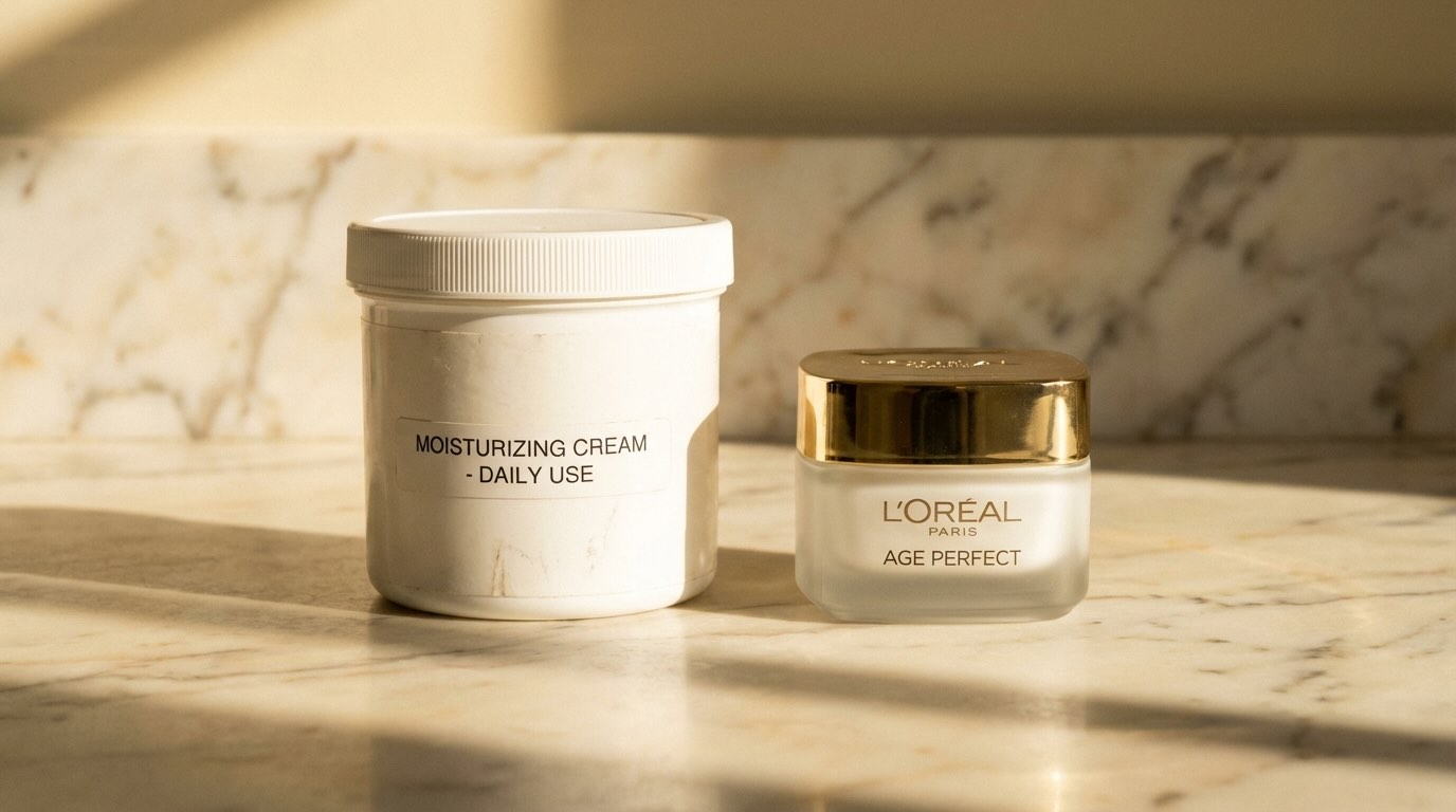 cerave vs la mer moisturiser jars side by side on warm marble