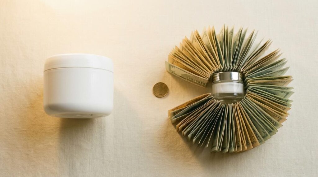 CeraVe tub beside small luxury moisturiser jar surrounded by banknotes showing 133 times price difference