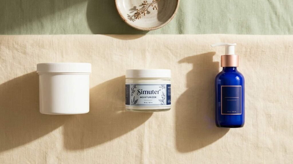 Three moisturiser options budget mid-range and justified luxury arranged on warm linen showing the honest spectrum