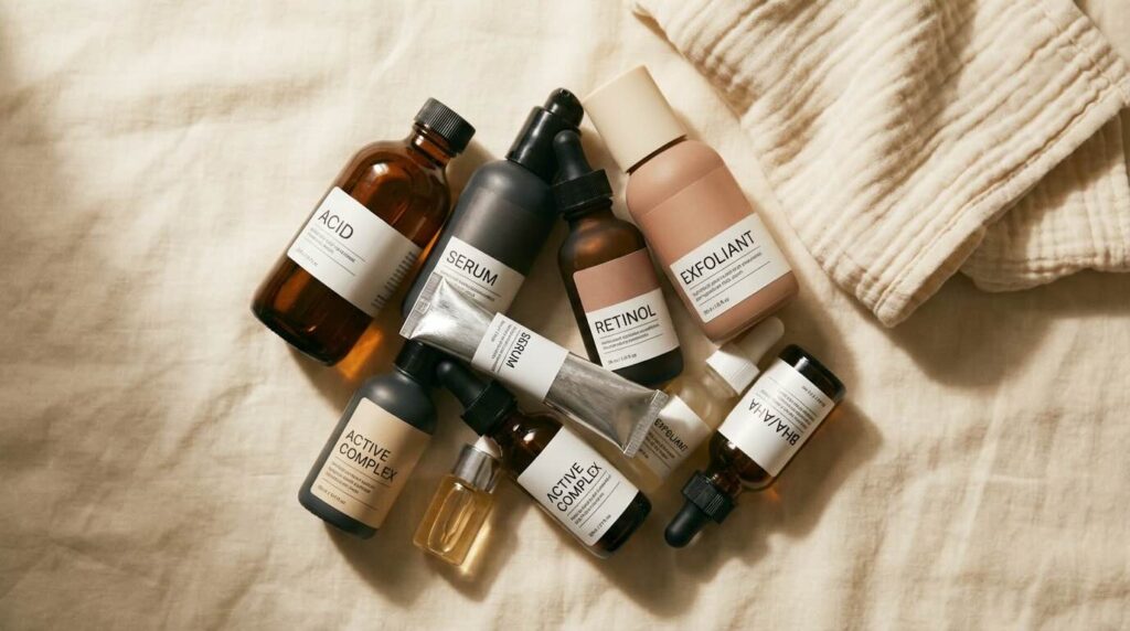 Too many skincare actives crowded on warm linen showing cause of barrier damage