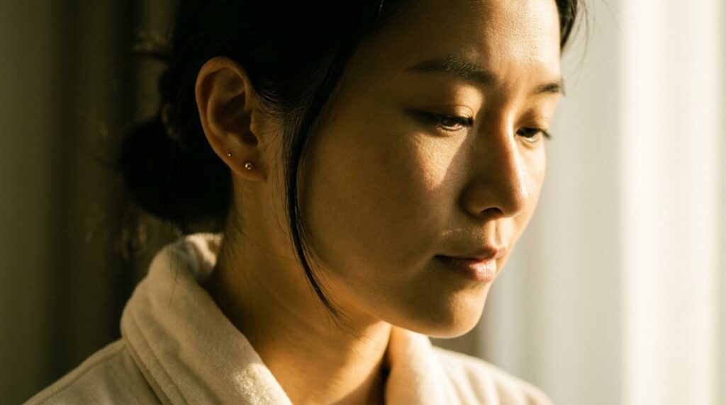 Glass skin result showing luminous cheekbone in warm morning light side profile