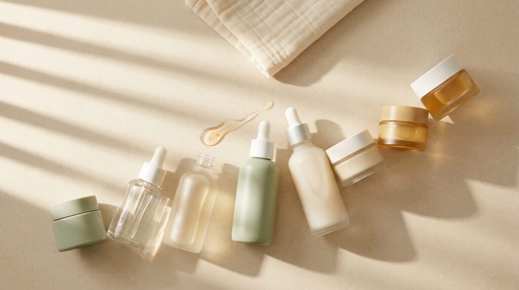 Seven glass skin routine winners arranged on warm cream stone with serum trail