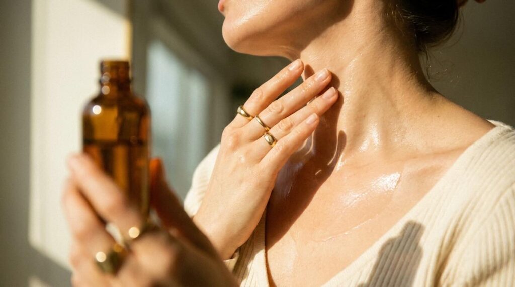 Serum being pressed into dewy neck during glass skin layering routine