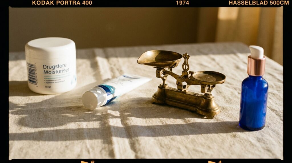 Three moisturiser tiers with antique brass scale on cream linen in warm light