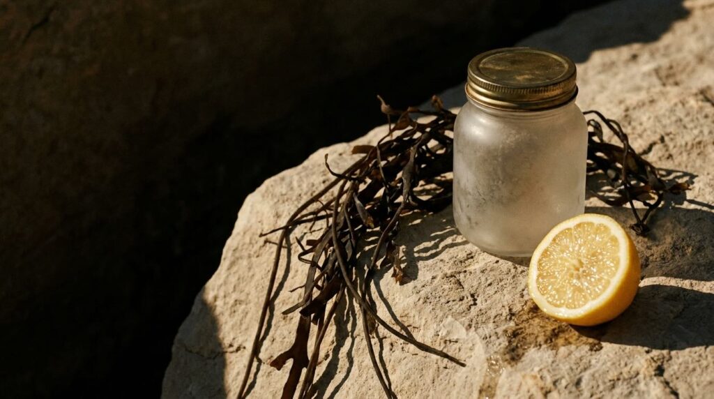 Heavy unmarked frosted-glass jar with brass lid, dried ocean kelp and a cut lemon on weathered limestone in coastal afternoon light, the apothecary heritage story that frames the la mer brand mythology