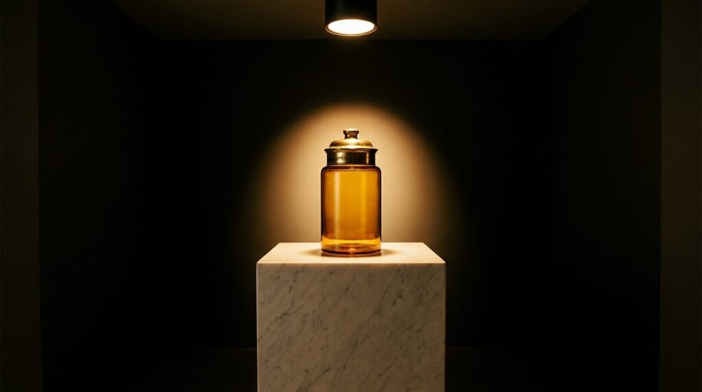 La Mer jar on dark marble pedestal under dramatic spotlight questioning luxury skincare value