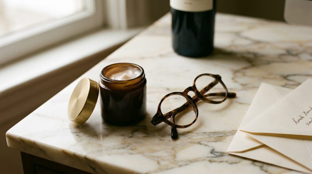 Unmarked amber apothecary jar opened on Calacatta marble beside tortoiseshell reading glasses and ivory envelopes in soft morning light, the editorial hero for a 2847 la mer reviews analysis