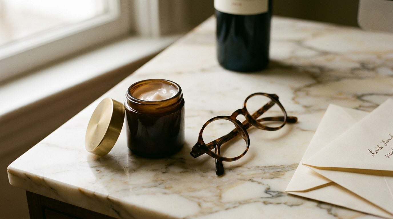 Unmarked amber apothecary jar opened on Calacatta marble beside tortoiseshell reading glasses and ivory envelopes in soft morning light, the editorial hero for a 2847 la mer reviews analysis