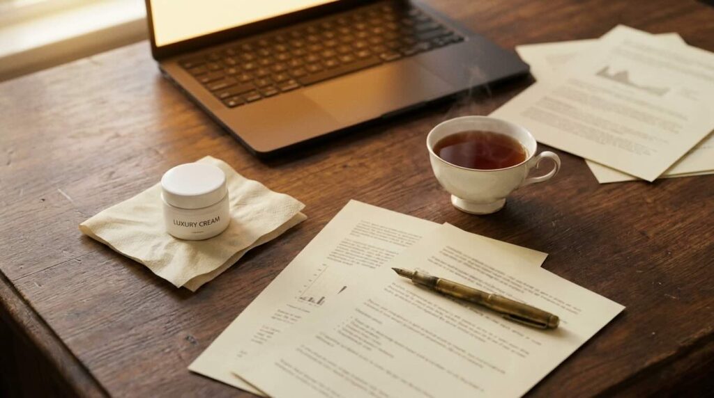 La Mer jar on walnut desk with printed reviews and laptop in warm afternoon light