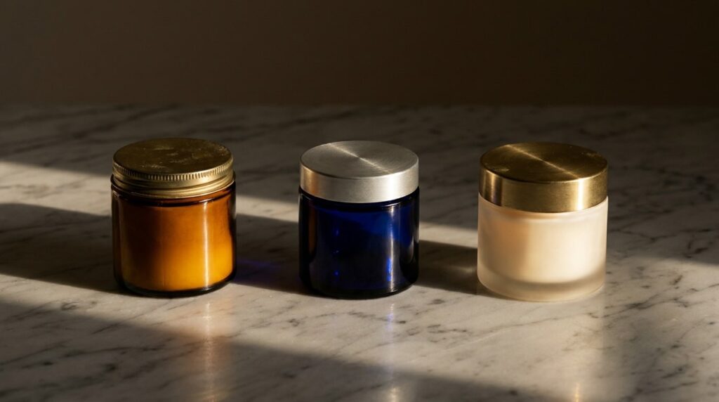 Three heritage apothecary jars side by side on Carrara marble in warm afternoon light, the editorial hero for a luxury moisturiser comparison