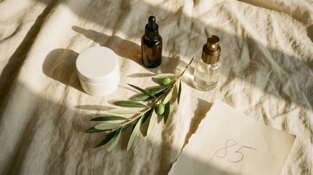 Unmarked cream jar, amber dropper and clear glass serum on cream linen with olive branches and a handwritten price note, the budget alternative to luxury moisturisers