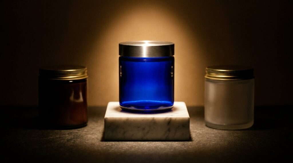 Cobalt blue apothecary jar elevated on a Carrara marble pedestal between two flanking jars in spotlight, the visual verdict of the luxury moisturiser comparison