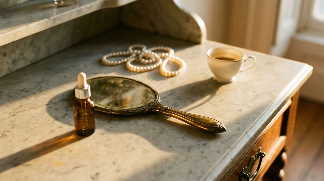 niacinamide after 30 serum on marble vanity with pearls and espresso in warm morning light