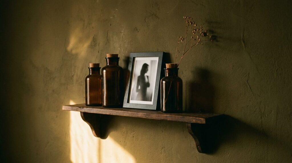 Skincare bottles on antique wooden shelf beside framed photo on warm plaster wall