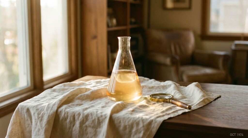 Niacinamide in glass flask on cream linen with brass magnifying glass in warm light