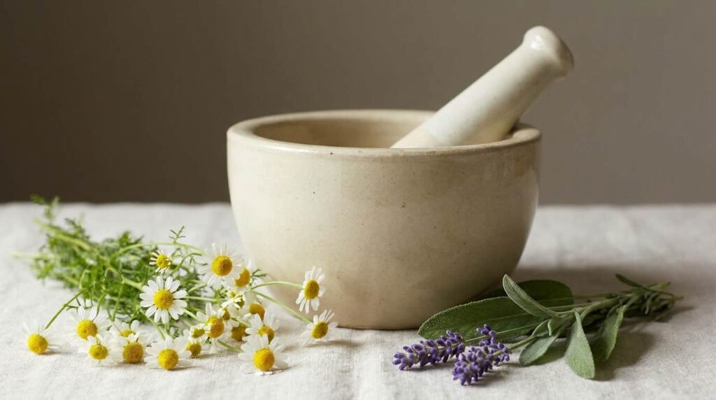 Antique stoneware mortar with fresh chamomile, lavender and sage on linen in soft morning light, the heritage of gentle pregnancy safe skincare ingredients