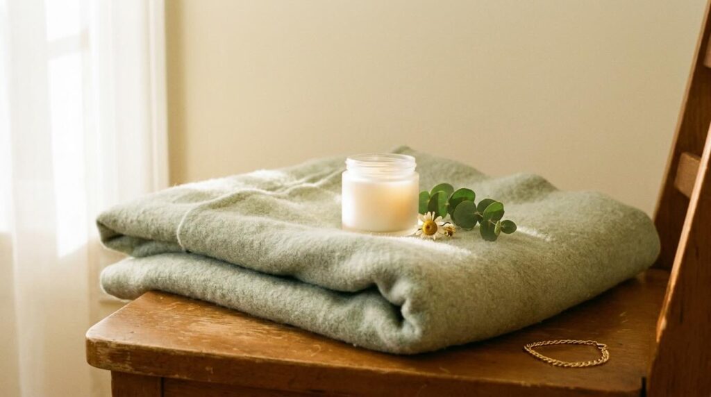 Faceless open palm with thin gold ring cradling a small unmarked frosted glass jar beside an olive branch on weathered limestone, the held moment of postpartum self-care in pregnancy safe skincare