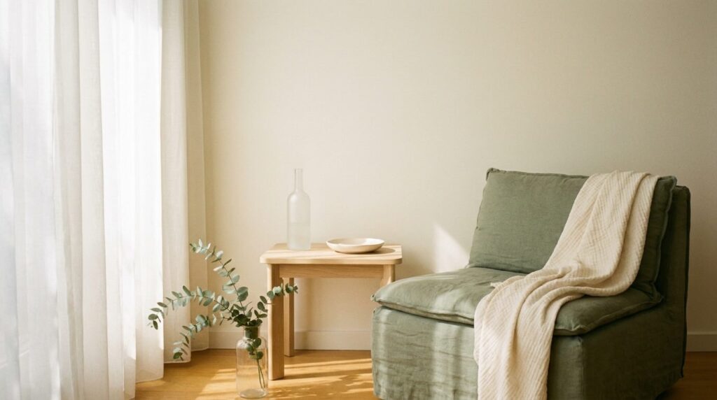 Sage-green slipper chair with cream muslin throw and unmarked glass bottle in a sunlit nursery corner, the lived-in calm of pregnancy safe skincare