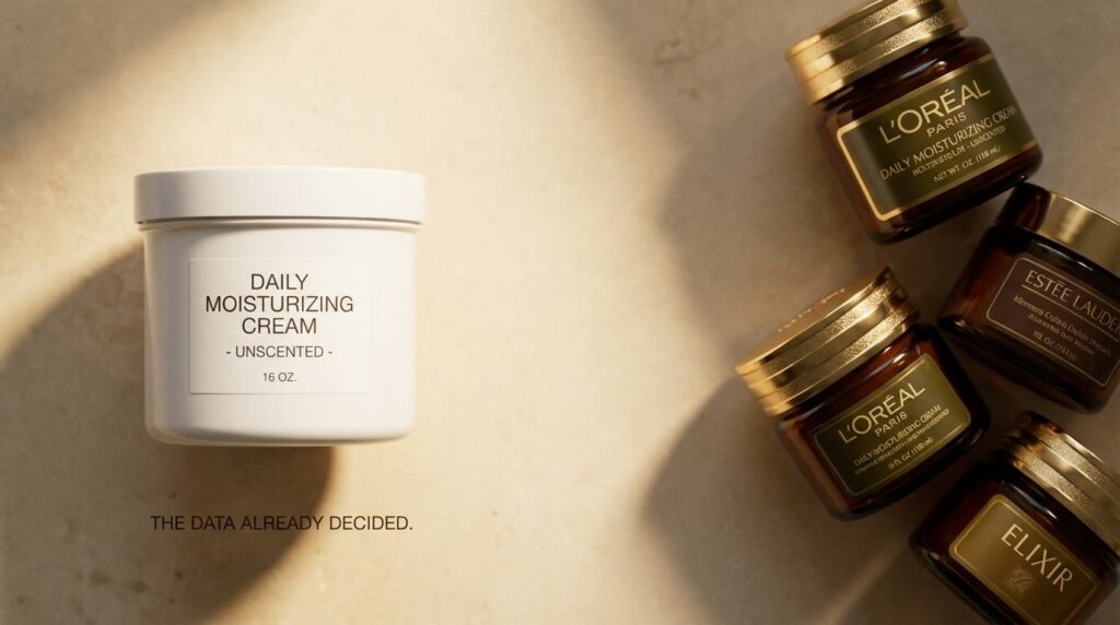 Affordable ceramide moisturiser sharp in focus beside blurred luxury skincare jars showing reddit data preference