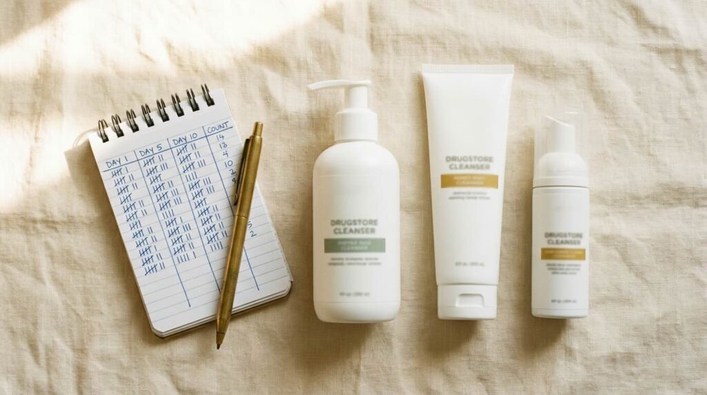 Top three reddit skincare cleansers on warm linen surface with research notebook and tally marks