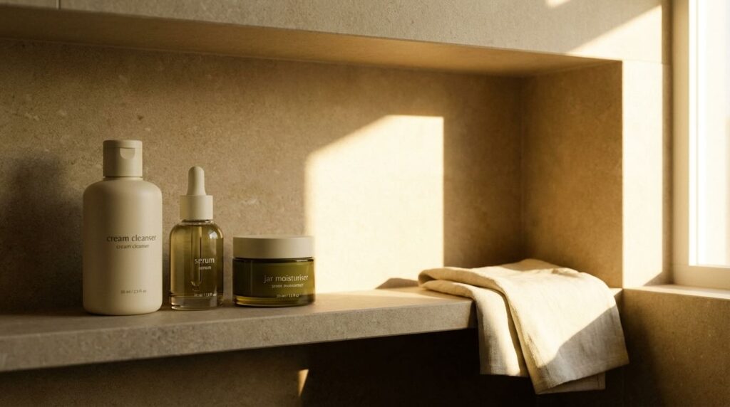 Bathroom shelf with three skincare products and an empty gap where SPF should be in warm morning sunlight