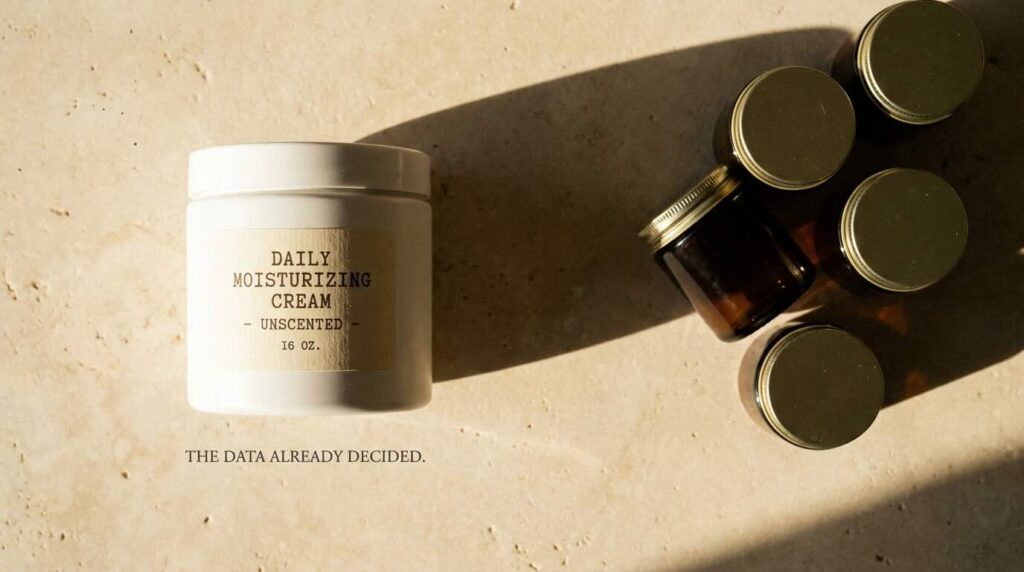 Single large unmarked white moisturizer jar in golden raking light beside five small unmarked amber jars in shadow, the data already decided which moisturiser women 30 plus actually use