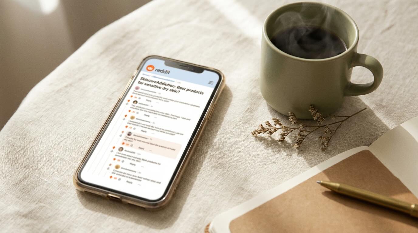 reddit skincare routines research on phone warm morning light