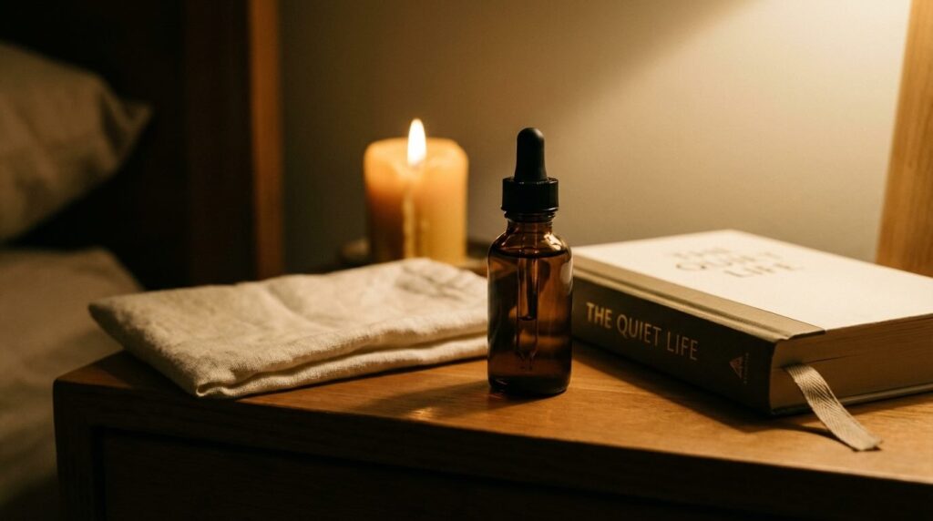 Retinol bottle on bedside table with candle and book showing patient nightly skincare ritual in warm lamplight
