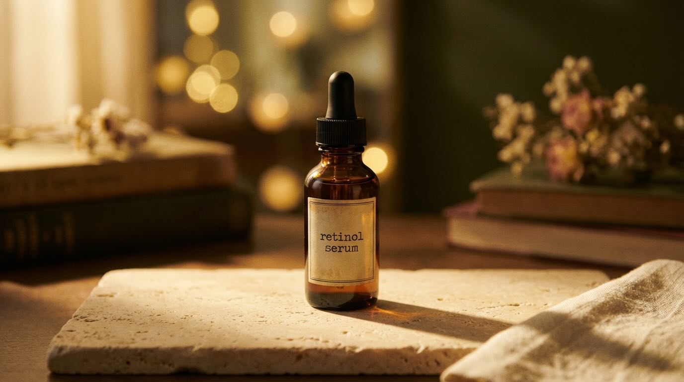 Retinol for beginners serum bottle on warm cream stone surface in soft evening light