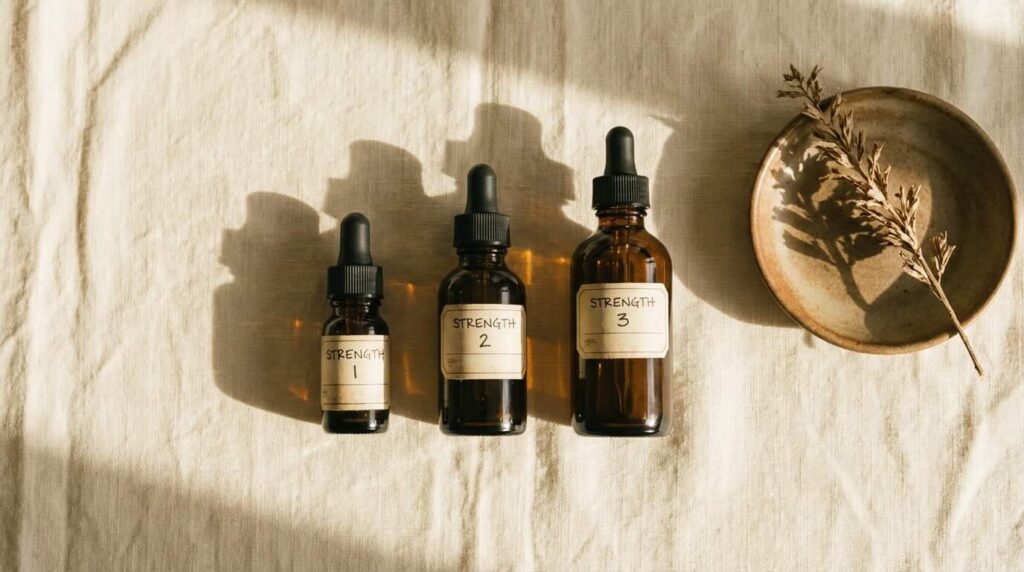 Three retinol bottles ascending in size showing gentle strength progression for beginners on warm linen