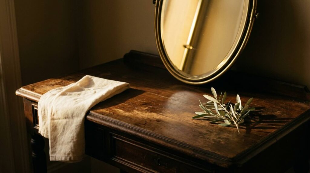 Quiet antique walnut vanity with brass-edged mirror, linen and olive branch in golden morning light, the morning-after reflection of a 90-day skincare routine after 40