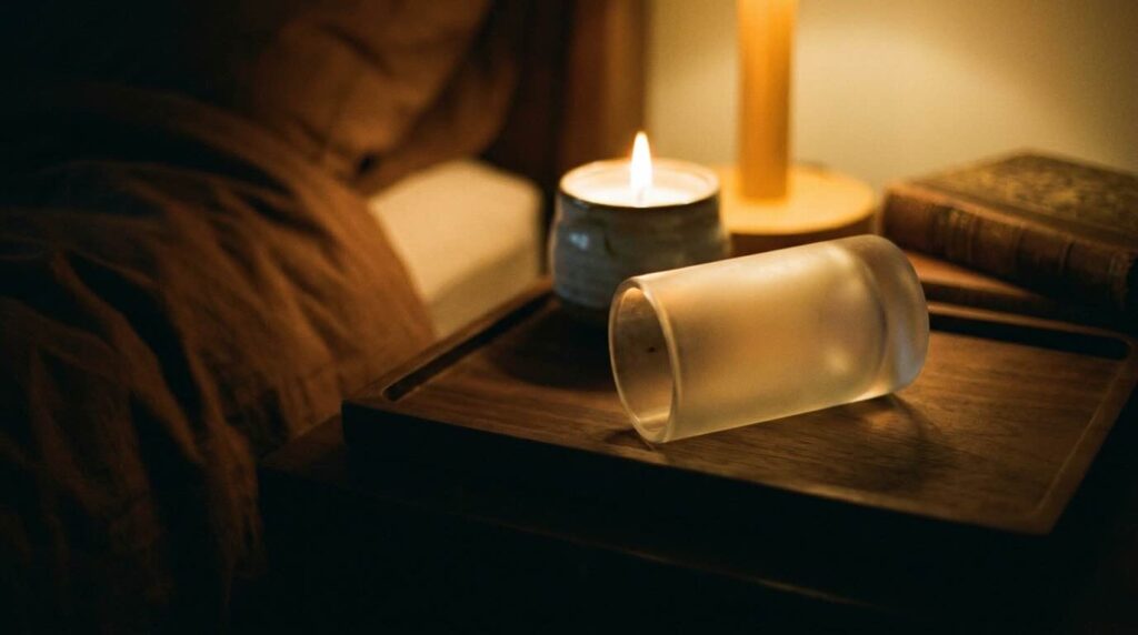 Quiet bedside scene with frosted glass tube on walnut tray and warm candle in evening lamplight, the retinoid wind-down step of a skincare routine after 40