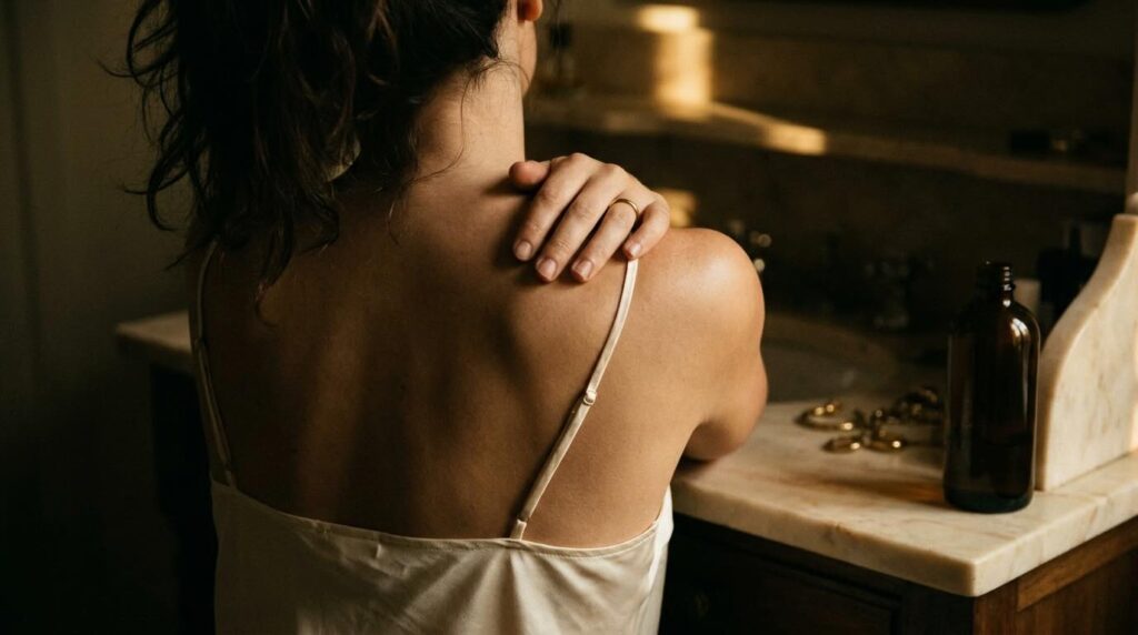 Faceless back and shoulder of a woman holding herself in warm afternoon light beside a marble vanity with an unmarked amber glass jar, the private result of a 90-day skincare routine after 40