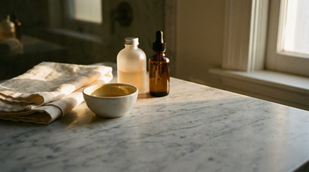 Skincare routine after 40 morning products flatlay on marble surface with soft natural light