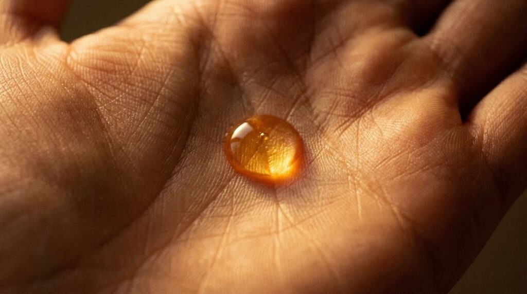 Macro close-up of a golden vitamin c serum droplet landing in a faceless palm in warm window light, the moment of application in a skincare routine after 40