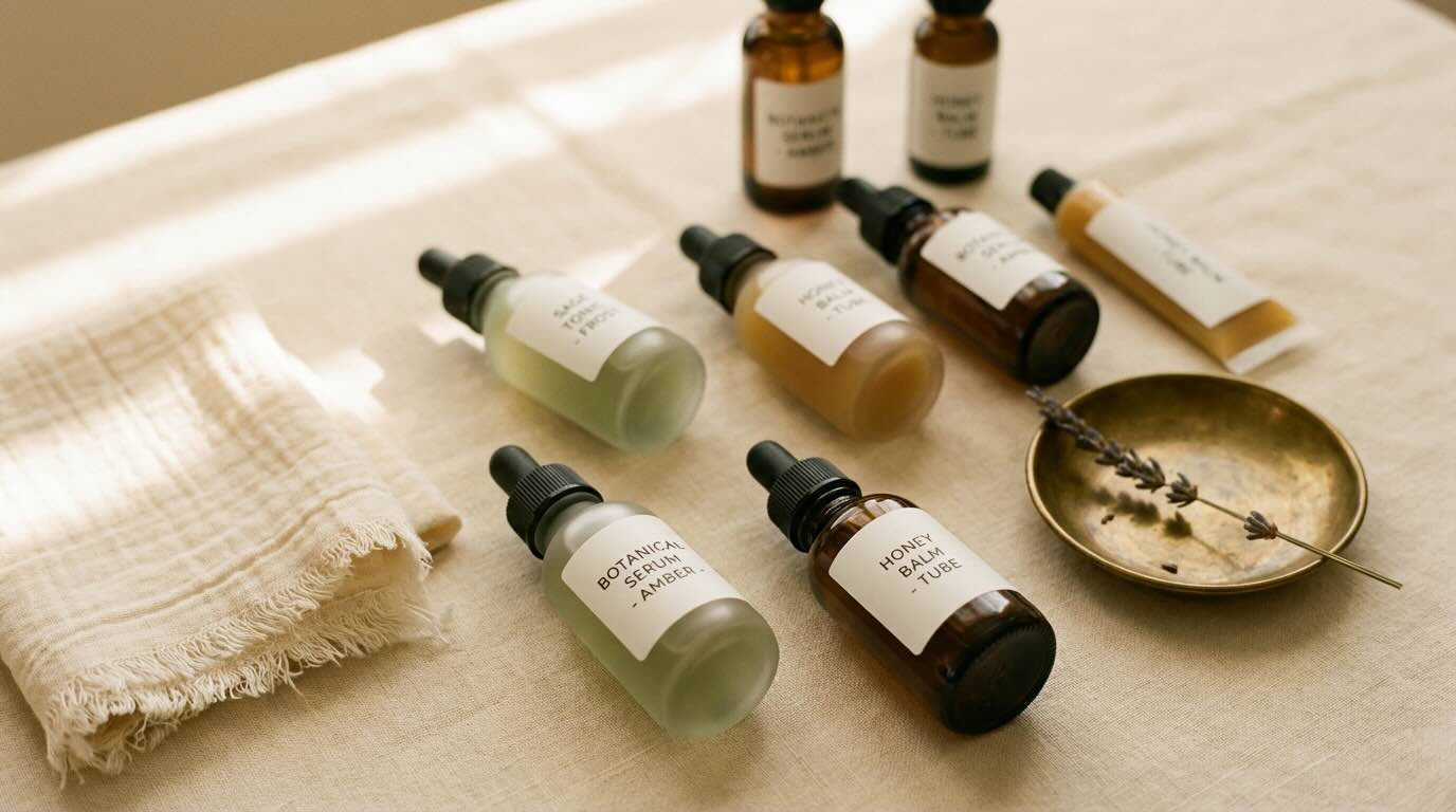 the ordinary products ranked bottles on warm cream linen in soft morning light