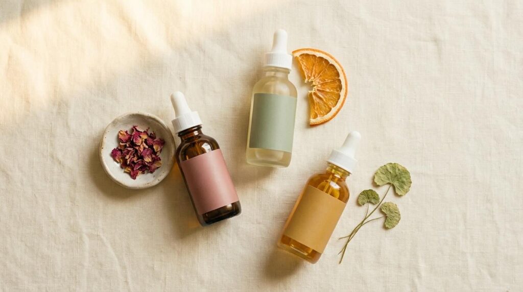 The Ordinary targeted serums with botanical ingredient props on warm linen flatlay