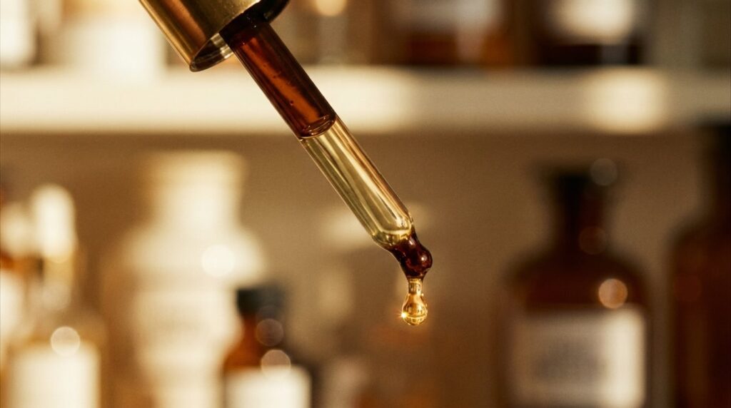 Macro close-up of a fresh golden vitamin c serum droplet suspended at an unmarked glass dropper tip in warm light, the visual definition of vitamin c serum that has not oxidised