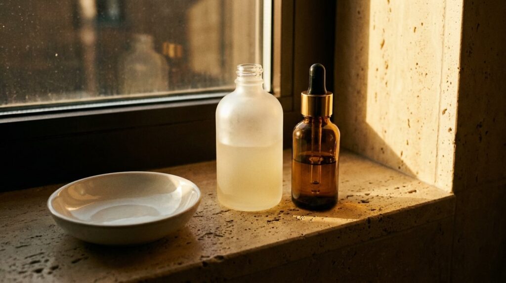 Unmarked frosted cream tube and amber dropper bottle on a warm travertine windowsill in morning light, the vitamin c serum and SPF morning stack for women over 30